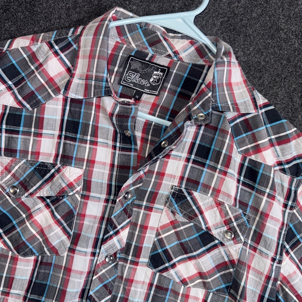 Elixir Red/Blue Plaid Pearl Snap Shirt Button Up Short Sleeve Mens XL